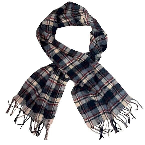 Cashmere Blend Plaid Fringed Scarf 66 X 12.5 Unisex Red Black White Fall Holiday - Picture 1 of 7